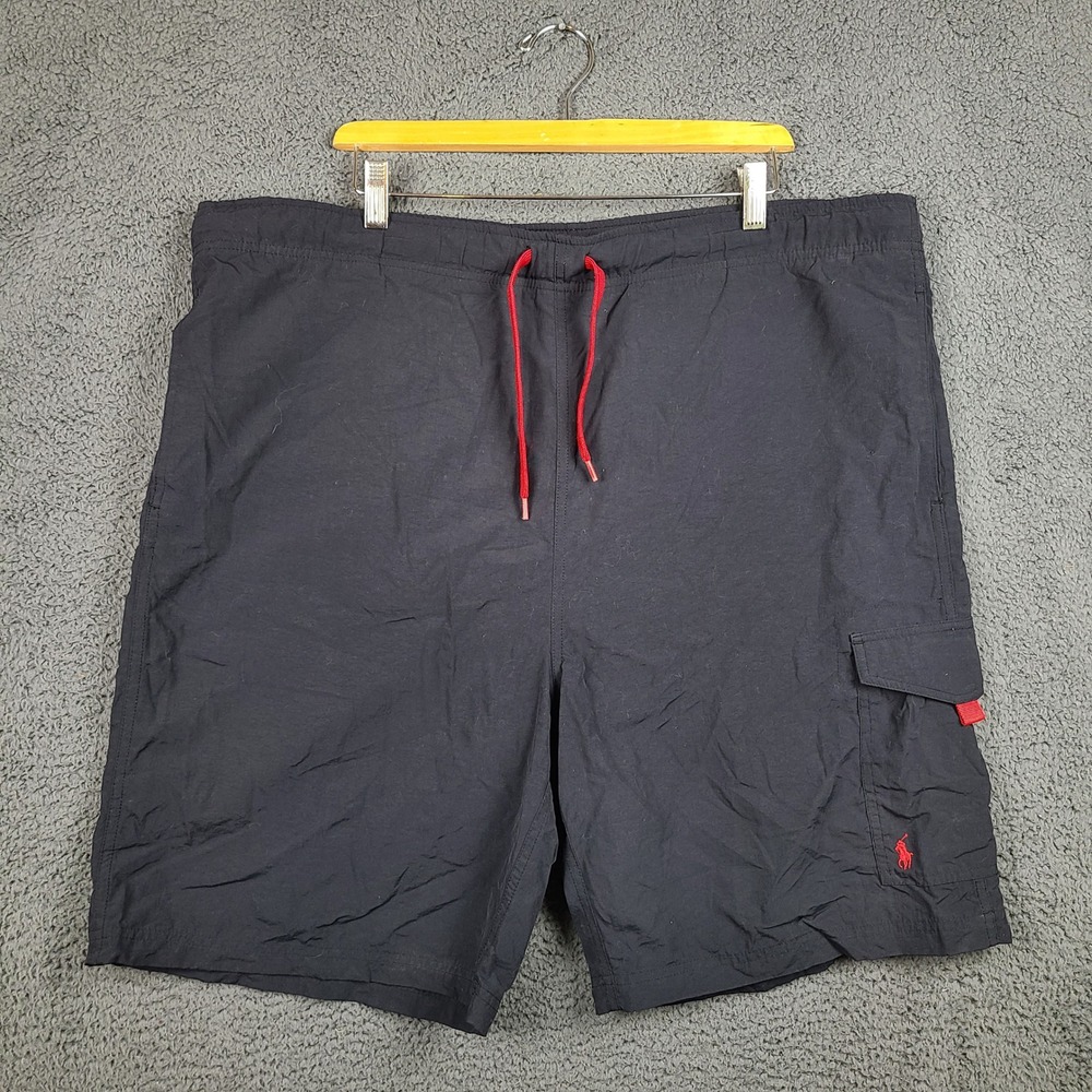 Polo Ralph Lauren Mens XL Swim Trunks Black Red Pony Cargo Pocket Mesh Lined 8in